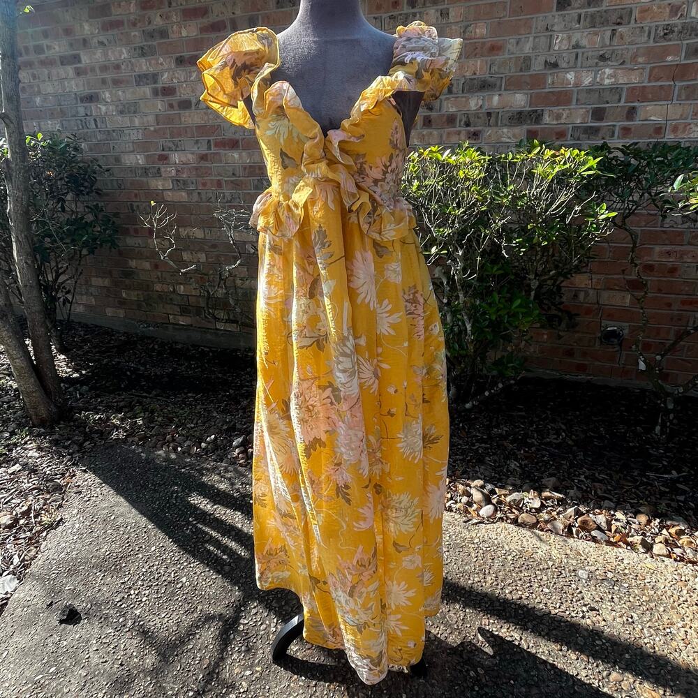 YELLOW FLORAL FLOUNCED TRIM MIDI MAXI SLEEVELESS DRESS SUMMER VACATION SZ S - Picture 4 of 6